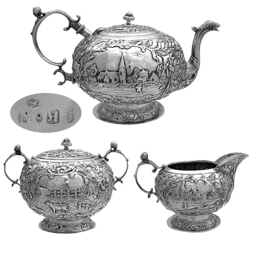 3 Piece  Dutch Antique Silver Bachelor Tea Set 1880